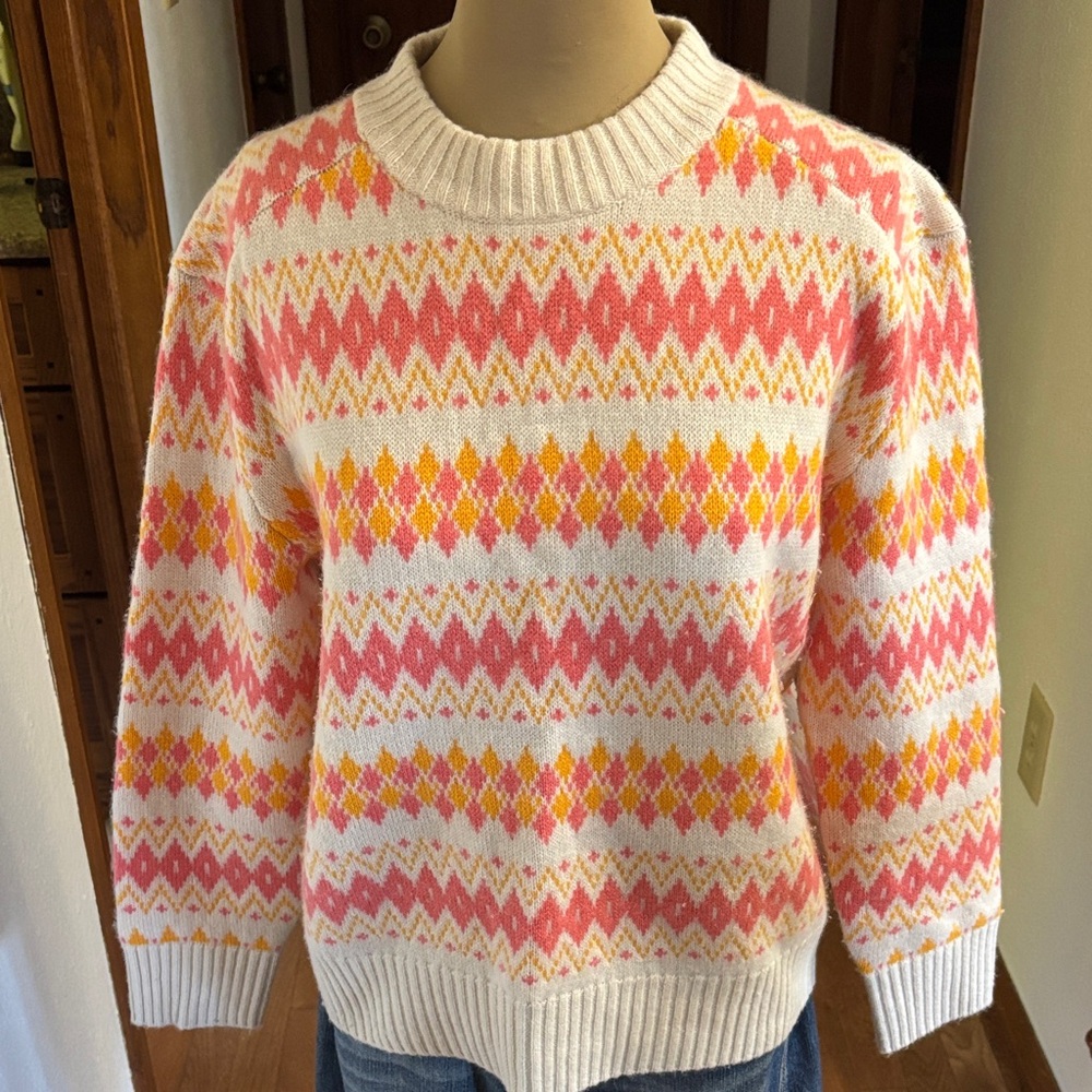 J. Crew Pink and Yellow Patterned Women's cashmere sweater. Size small